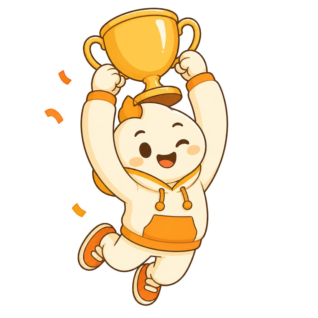 Mascot celebrating with a trophy